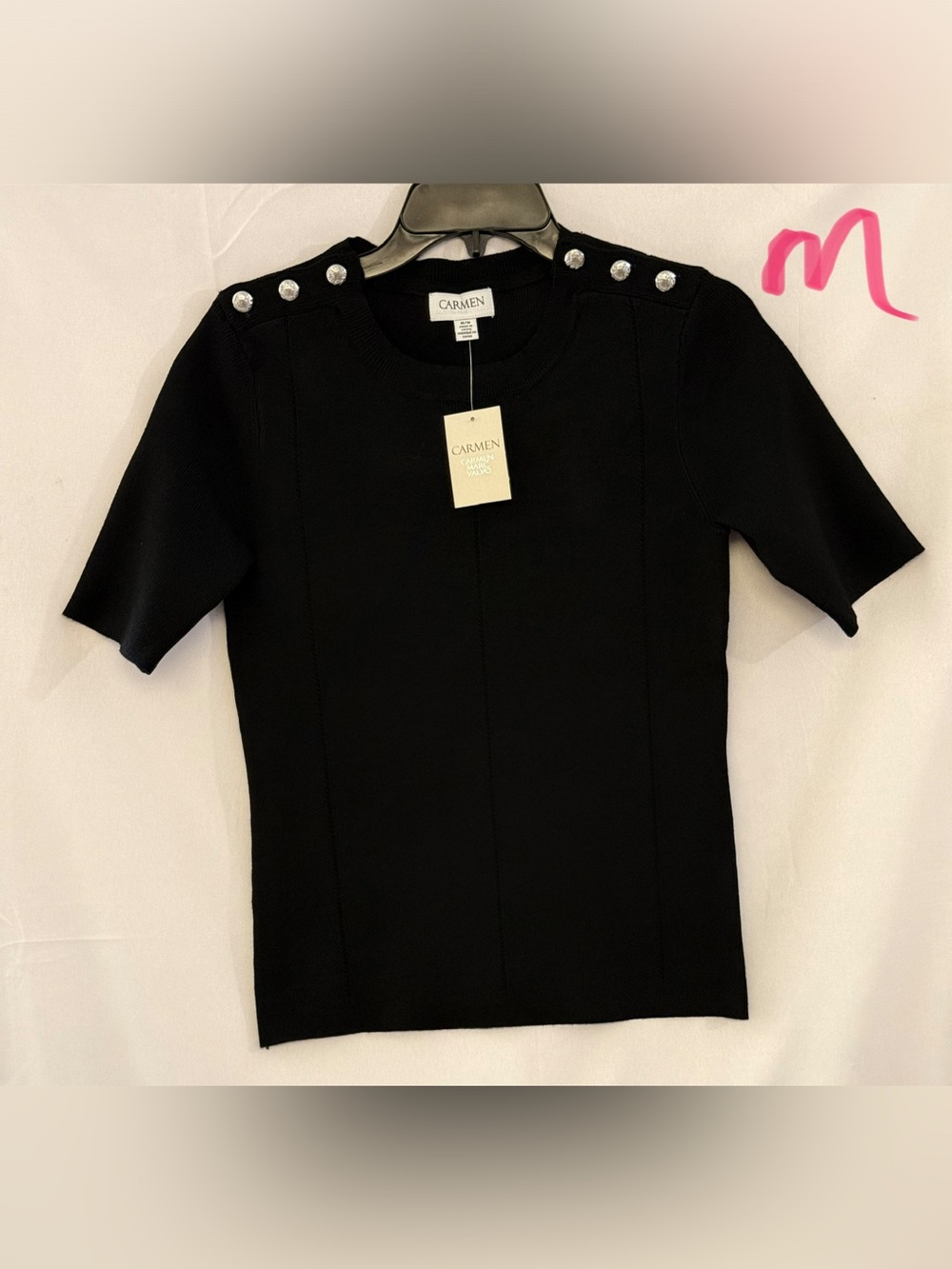 Carmen Black Short-Sleeve Knit Top with Shoulder Buttons